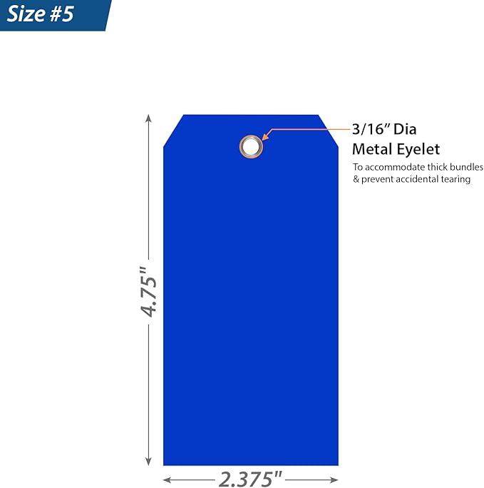 SmartSign 100-Pack Blue Plastic Tags with Pre-Punched Hole, 4.75" x 2.375", Size#5, 10 mil Tearproof Plastic Tags with Metal Eyelet, Writable Blank Tags for Shipping/Labeling, USA-Made