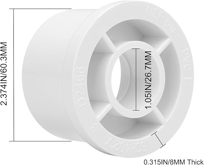 6Pack 2"x 3/4" PVC DWV Reducing Bush Adapter Pipe Fitting SCH40 Reducer Bushing (Socket x Socket) for Home Sewer Plumbing