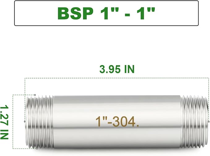 TAISHER 2PCS Stainless Steel Pipe Fittings, 1" BSP Male x 1" BSP Male Threaded, 4" Length Nipple Cast Pipe