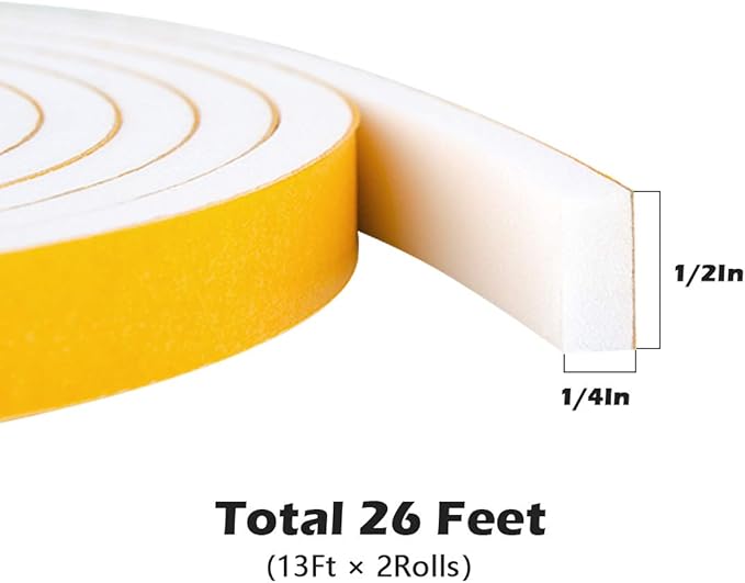 White Door Window Weather Stripping Self Adhesive Foam Tape 1/2 in × 1/4 in × 26 Ft, High Density Foam Sealing Strip Window Insulation Weatherproof Gasket Tape for Doors and Windows