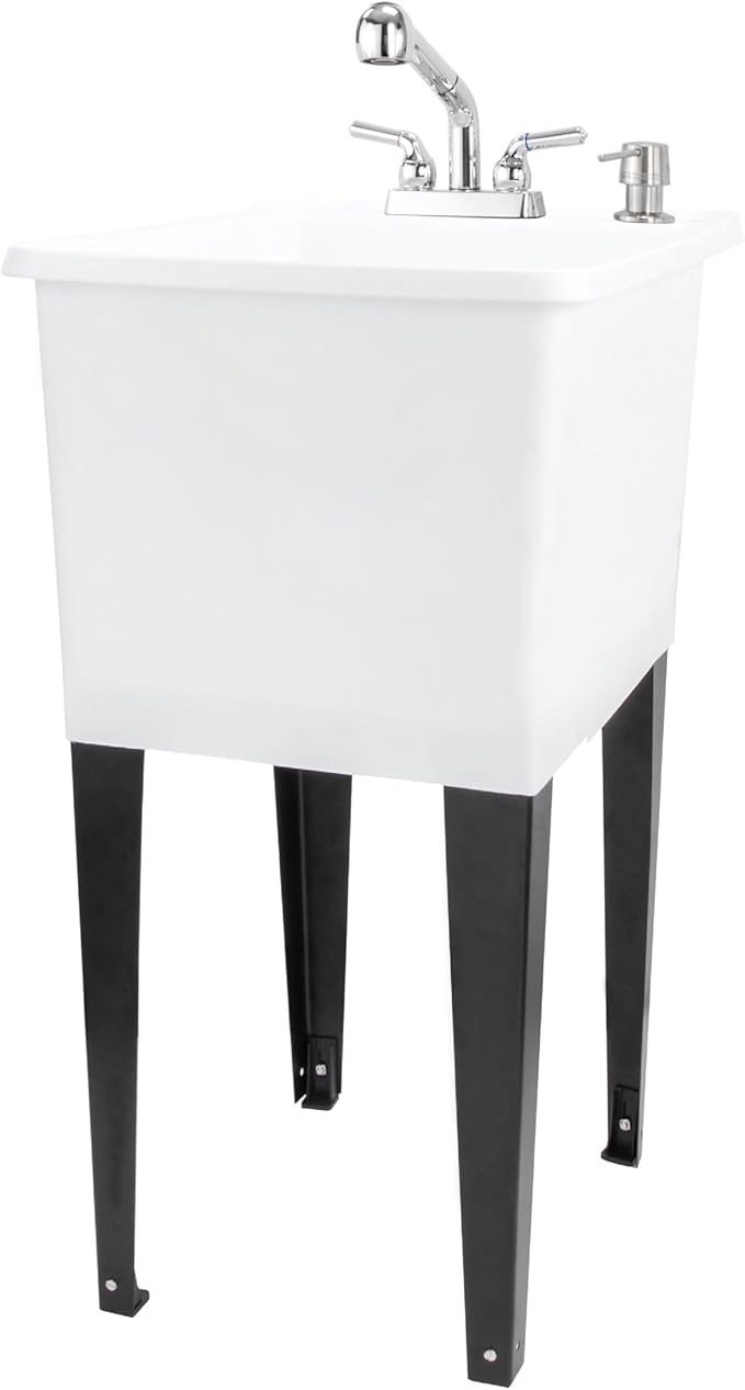 Space Saver Utility Sink by JS Jackson Supplies, Pull-Out Faucet, Soap Dispenser, White Tub with Chrome Plated Faucet