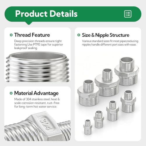 TAISHER 2PCS Cast 304 Stainless Steel Hex Nipple, Reducer Pipe Fitting 1-1/4" NPT Male x 3/4" NPT Male