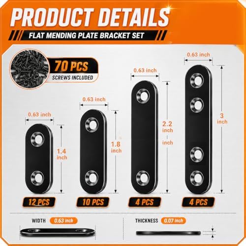 100PCS Stainless Steel Mending Plate,Heavy Duty Straight Metal Mending Plates, 4 Sizes (1.4”-2.7”) Flat Brackets for Wood Repair, Furniture, Joining, DIY Projects