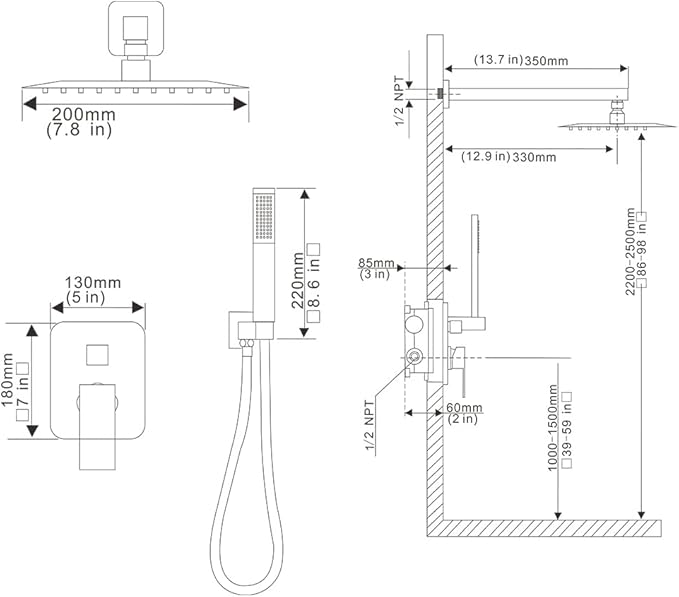 Matte Black Shower System Bathroom Luxury Rain Mixer Shower Combo Set Wall Mounted Rainfall Shower Head System Shower Faucet Rough-in Valve Body and Trim Kit