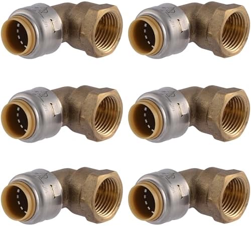 SharkBite Max 90 Degree Female Adapter Elbow, 1/2 Inch Push-to-Connect x 1/2 Inch FNPT, Pack of 6, Brass Plumbing Fitting, UR308
