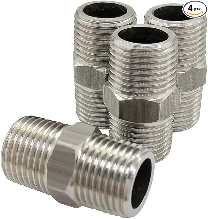 Hooshing 4PCS Hex Nipple 3/8" Male to 3/8" Male NPT Threade Stainless Steel 304 Pipe Fittings for Brew Kit Home Piping