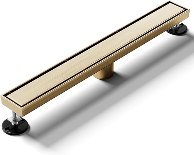 Linear Shower Drain 36 Inch Gold, Shower Drain with 2-in-1 Tile Insert Panel, Brushed AISI 304 Stainless Steel Linear Drain for Fast Drainage, Floor Drain for Bathroom, Kitchen, Garage & More
