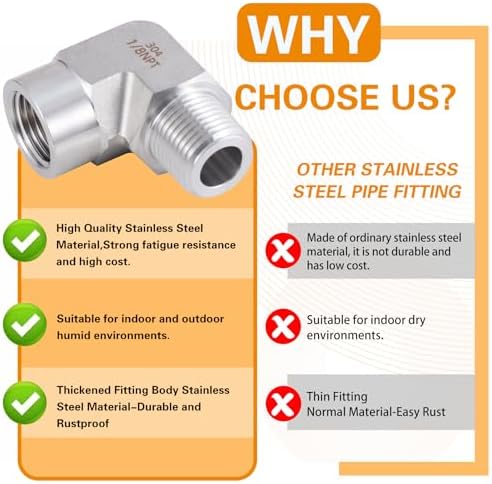 Stainless Steel Pipe Fitting 90 Degree Barstock Street Elbow 1/8" NPT Male x 1/8" NPT Female 2 Pack