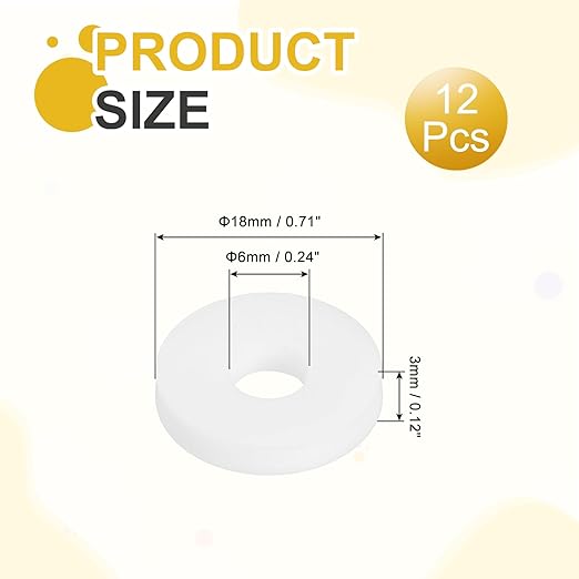 MECCANIXITY PTFE Flat Washers, 12Pack 18mm OD 6mm ID 3mm Thick Sealing Spacer Gasket Ring for Faucet Pipe Hose Bolt Machinery, White