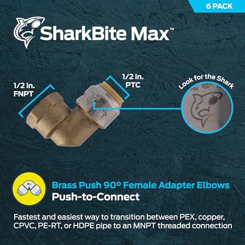 SharkBite Max 90 Degree Female Adapter Elbow, 1/2 Inch Push-to-Connect x 1/2 Inch FNPT, Pack of 6, Brass Plumbing Fitting, UR308