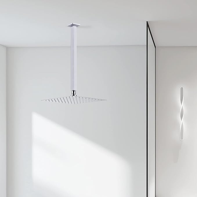 TRUSTMI Square Ceiling Mount Shower Arm with Flange, 16 Inch, Stainless Steel Extension Arm for Rainfall Shower Head, Chrome