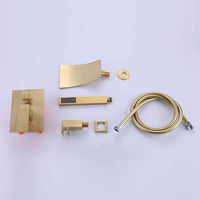 Wall Mount Bathtub Faucet with Handheld Shower, Brushed Gold Single Handle Bathroom Waterfall Tub Filler Solid Brass Tub Shower Faucet Set Rough-in Valve Trim Kit