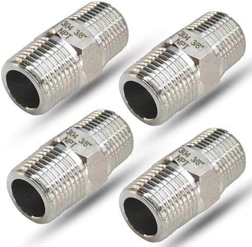 3/8" NPT Male Hex Nipple Pipe Fittings, 304 Stainless Steel 3/8 inch Threaded Pipe Adapter Fittings Equal Nipples Connectors, 4pcs Male Straight Connector Pipe Fitting
