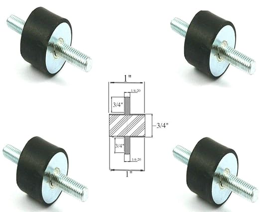 Pack of 4 Rubber Vibration Isolator Mounts - 1" Diameter x 3/4" Height, 1/4-20 Thread x 3/4" Length Male/Male Studs - Noise Control, Shock Absorber, for Garage, Compressors, Water Pumps, Fans, Motors