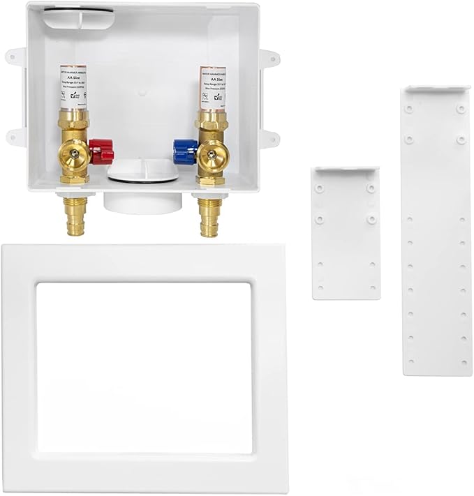 EFIELD Washing Machine Outlet Box, 1/2" Pex-A F1960 Expansion Connection x 3/4" MHT Connection, with Copper Water Hammer Arrestor, Center Drain with Brass 1/4 Turn Valves Installed,(WM013)
