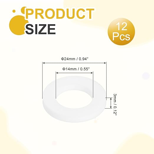 MECCANIXITY PTFE Flat Washers, 12Pack 24mm OD 14mm ID 3mm Thick Sealing Spacer Gasket Ring for Faucet Pipe Hose Bolt Machinery, White