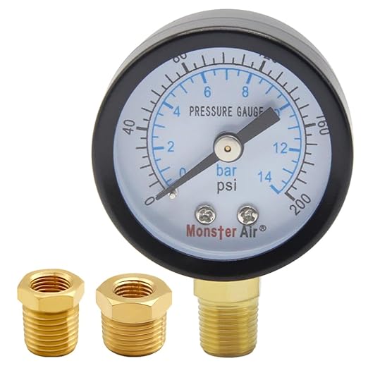 Pressure Gauge 0-200PSI 1-1/2" Dial Stainless Steel Case 1/8" NPT Male Brass Bottom Mount Include 1/2" NPT and 3/8" NPT Connector Universal Multifunctional