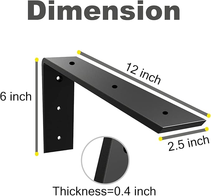 WINKER Countertop Support Bracket 3 Pack Heavy Duty 3/8" Thick Hidden L Shelf Bracket 12" x 6" x 2.5" Metal Corbels for Quartz/Granite/Wood/Concrete/Laminate Countertops, Black