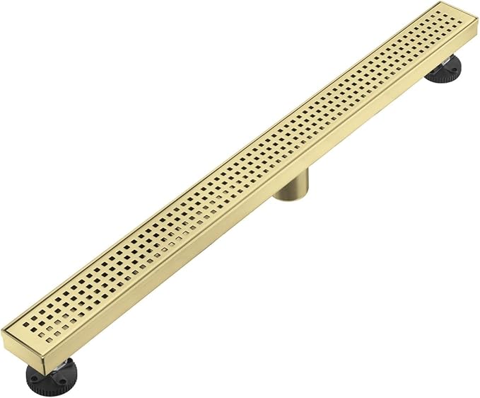 Linear Shower Floor Drain, Brushed Gold 42 Inch 304 Stainless Steel Bathroom Drains Kit, Long Rectangular Shower Trench Drain with Square Pattern Drain Cover & Hair Catcher