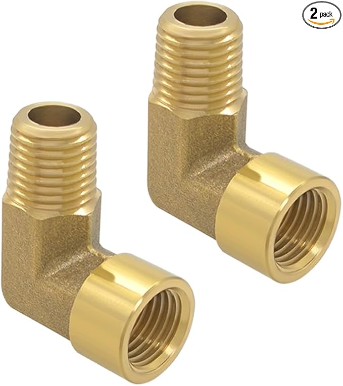 Hooshing 1/8 Inch NPT Elbow Brass Pipe Fitting 1/8" NPT Male to Female Thread 90 Degree Street Elbow Forged Pipe Fitting, 2 Pack