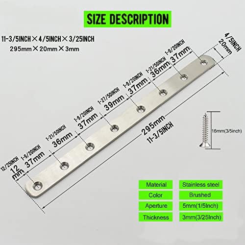 12" Flat Mending Plate 6Pcs Flat Straight Braces Stainless Steel Straight Brackets, Repair Fixing Bracket Connector, Mending Joining Plates with Screws, Silver