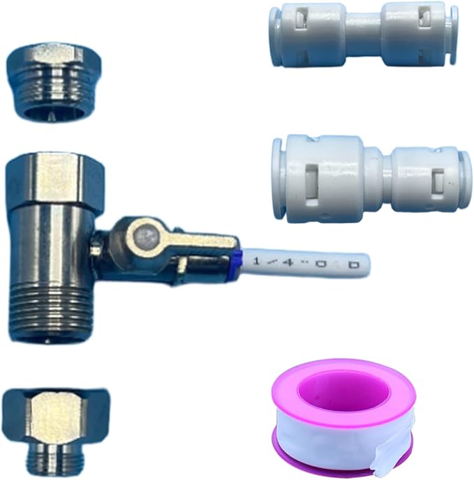 Stainless Steel Water Line Splitter, 3/8" x 3/8" x 1/4" & G1/2"xG1/2"x1/4" Tee Stop Valve with Quick Connect, for RO System, Refrigerator, Ice Maker, Includes 1/4" & 1/4" to 3/8" Adapters + Teflon Ta