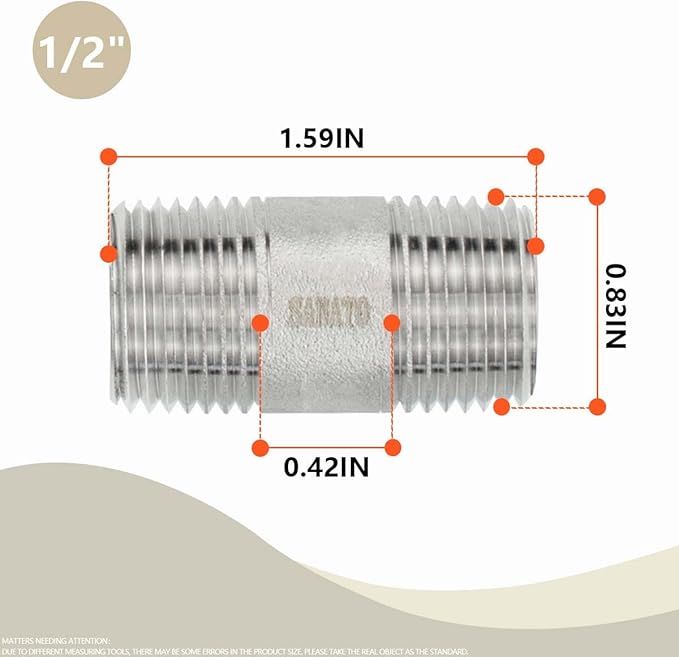SANATO 3 Pcs SS 304 Forging Nipple Cast Piple, 1/2" NPT x 1/2" NPT Male Threaded, 50mm Piple Fittings