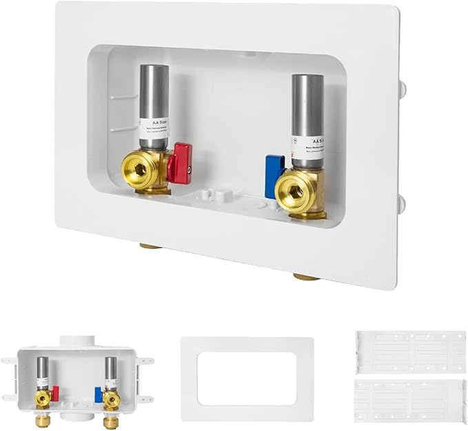 1-PACK GUOFIS Washing Machine Outlet Box with Center Drain,PEX Laundry Washer Box with Stainless Steel Water Hammer Arrestor (1/2"Push-fit Connection Inlet X 3/4"MHT Outlet)