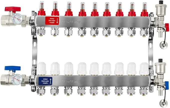 AB 9 Loops Pex/Radiant Manifold, ½ Inch Compatible Outlets, Up to 1.4 GPM Flow Valve for Hydronic Radiant Floor Heating(1/2" connectors included)