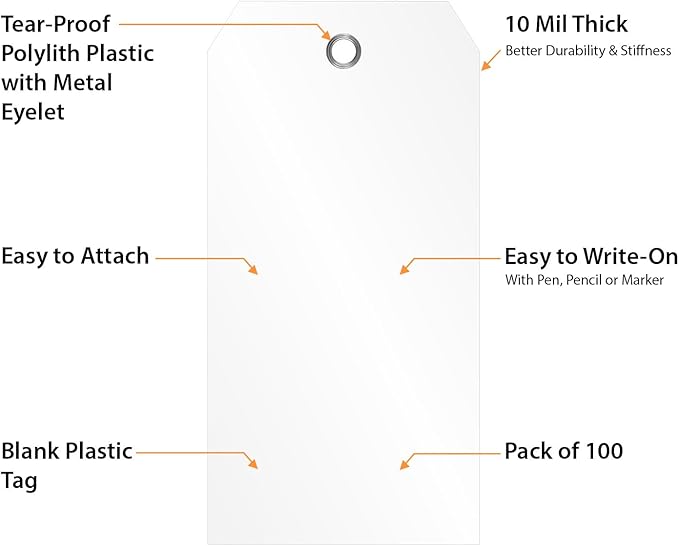 SmartSign 100-Pack White Plastic Tags with Pre-Punched Hole, 4.75" x 2.375", Size#5, 10 mil Tearproof Plastic Tags with Metal Eyelet, Writable Blank Tags for Shipping/Labeling, USA-Made