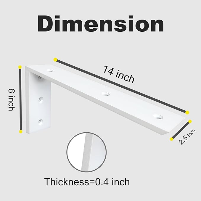 WINKER Countertop Support Bracket 3 Pack Heavy Duty 3/8" Thick Hidden L Shelf Bracket 14" x 6" x 2.5" Metal Corbels for Quartz/Granite/Wood/Concrete/Laminate Countertops, White