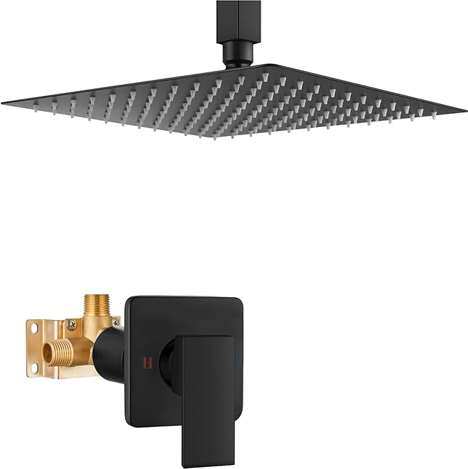 Heyalan Shower Faucet Set Square Stainless Steel Bathroom Rainfall Shower System One Handle Single Function Shower Trim Kit with Rough-in Valve Male Thread,Ceiling Mount,12 Inch,Matte Black