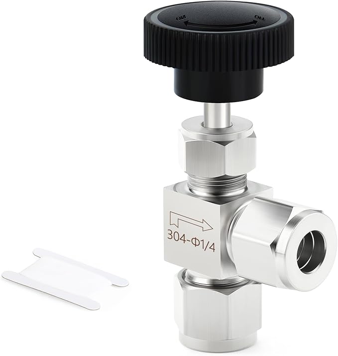 TAISHER 1PCS 304 Stainless Steel Compression Tube Square 90 Degree Needle Valve 1/4"" Tube OD x 1/4"" Tube OD For Flow Control Water Gas Oil, Silver