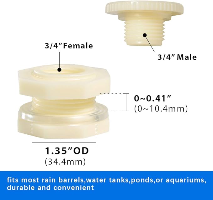 Quickun 3/4" ABS Bulkhead Water Tank Connector Adapter Fitting with Plugs Thru-Bulk Pipe Fitting (Set of 4)