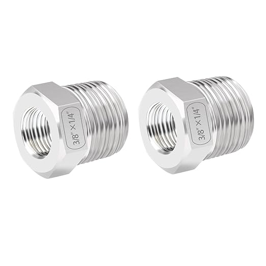 Quickun Stainless Steel Reducing Hex Bushing, 3/8" Male NPT to 1/4" Female NPT, Reducer Bushing Pipe Hose Fitting (Pack of 2)