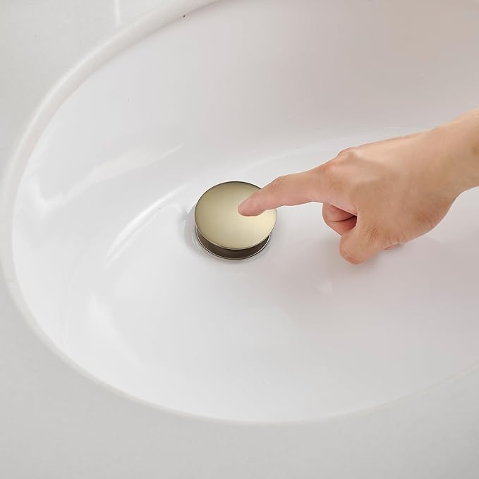 BWE Brushed Gold Bathroom Vessel Sink Drain Stopper with Overflow One Piece Pop Up Drain Assembly with Strainer for Bathroom Faucet Sink