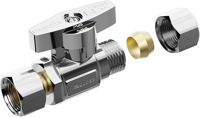 WiseWater Straight Stop Valve 3/8"FIM x 3/8" Compression, 1/4 Turn Chrome Plated Brass Shut Off Valve for Sink, Ice Maker, RV Water Line (10-Pack)