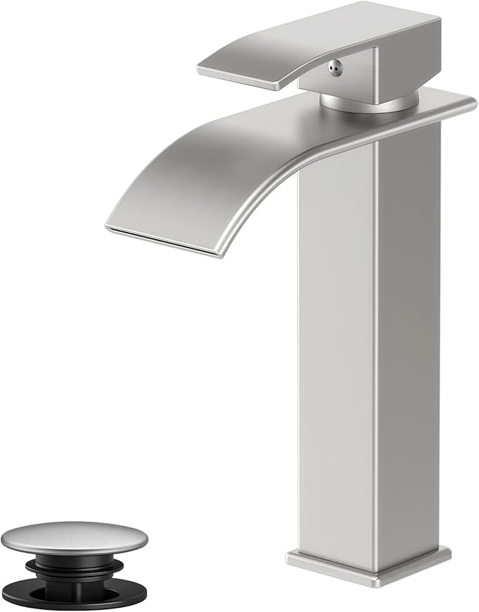 Rywuanku Tall Brushed Nicklel Bathroom Faucet Waterfall Spout, Single Handle Sink Faucet with Pop-up Drain & Deck Plate, Modern 1 Hole Vanity Faucet for RV, Farmhouse, Camper or Bathroom