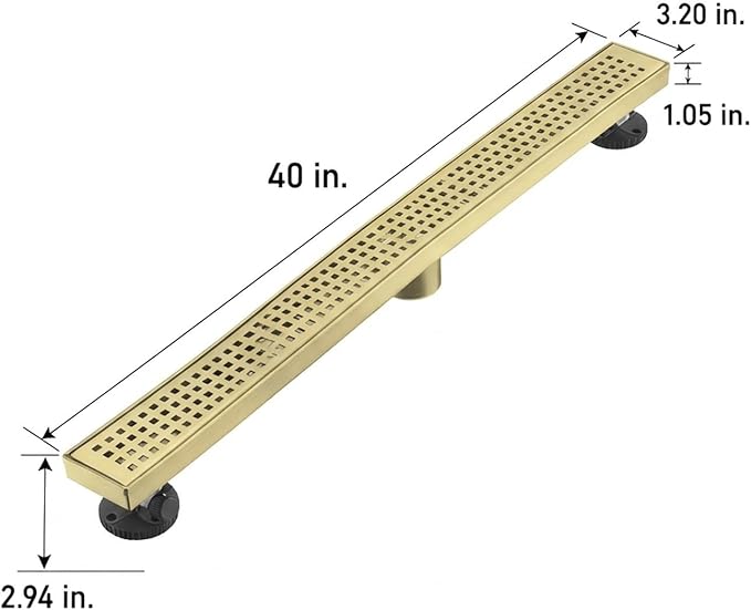 Linear Shower Floor Drain, Brushed Gold 40 Inch 304 Stainless Steel Bathroom Drains Kit, Long Rectangular Shower Trench Drain with Square Pattern Drain Cover & Hair Catcher