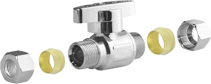 WiseWater 3/8" Compression Straight Stop Valve, 1/4 Turn Toilet Shut Off Valve for Bathroom & Kitchen Water Supply Lines (5-Pack)