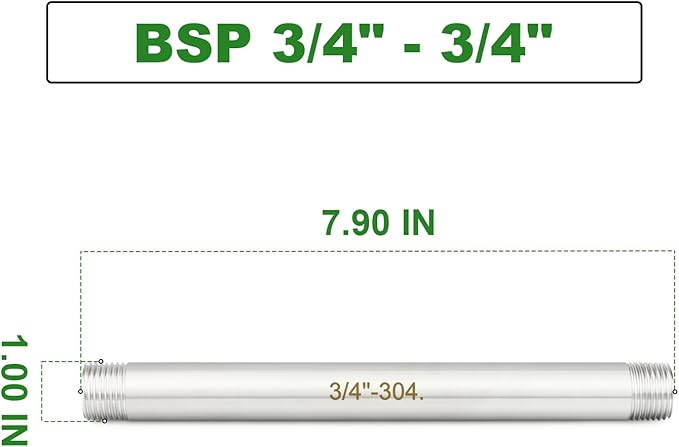 TAISHER 2PCS Stainless Steel Pipe Fittings, 3/4" BSP Male x 3/4" BSP Male Threaded, 8" Length Nipple Cast Pipe