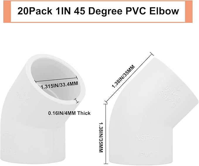 20Pack 1" 45 Degree PVC Elbow Pipe Fitting Connector (Socket x Socket) Furniture Build Grade SCH40 1 Inch 45 Degree Elbow PVC Corner Adapter for Home Sewer Plumbing Water Line