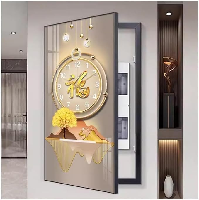 Fuse Box Cover Cabinet, Breaker Box Cover, Decorative Painting of Electricity Meter with Clock, Wall Mounted Hide Electrical Panel Cover Decorative,M,60x120cm