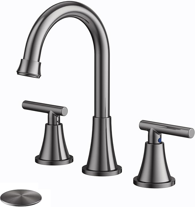 Bathroom Faucets for Sink 3 Hole, Hurran 8 inch Widespread Brushed Grey Bathroom Sink Faucet with Pop-up Drain and Supply Hose, Stainless Steel Lead-Free Faucet for Vessel Sink Vanity RV