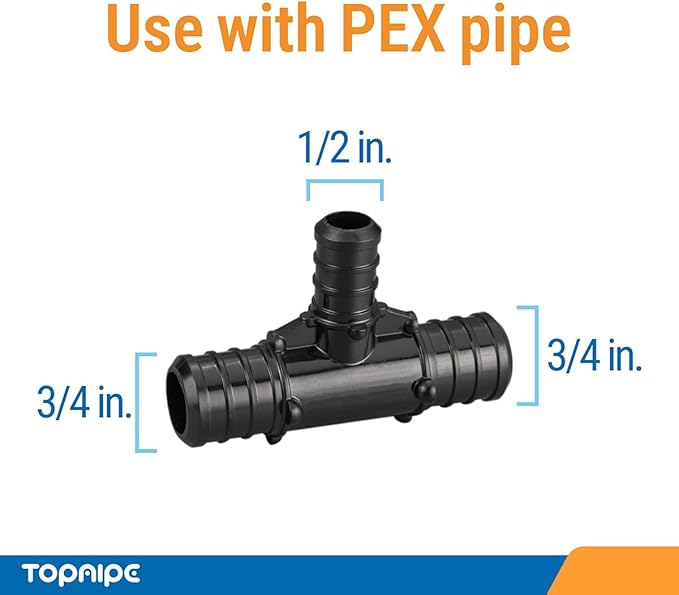 (Pack of 20) Topaipe 3/4 x 3/4 x 1/2 Inch PEX Poly Crimp Reducing Tee, PPSU Fitting for PEX Tubing, PERT, ASTM F2159