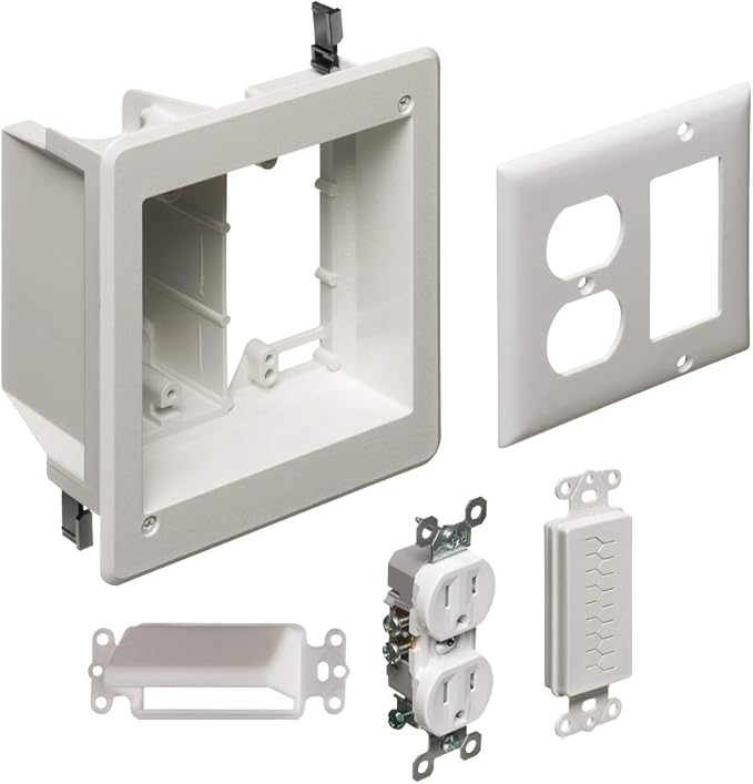 Arlington TVBR505K-1 TV Box Recessed Kit with Outlet and Wall Plates, 2-Gang, White, 1-Pack