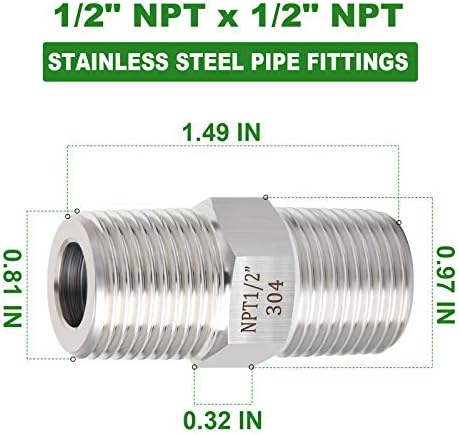 TAISHER 5PCS 304 Stainless Steel Hex Nipple, Pipe Fitting 1/2-Inch Male Pipe x 1/2-Inch Male Pipe