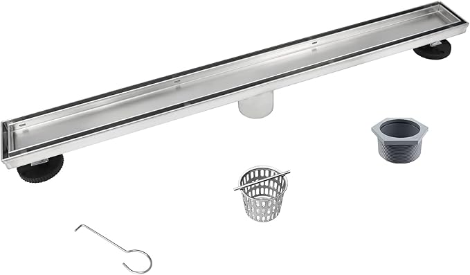 Linear Shower Drain 26", Brushed Floor Drain with Tiled Insert Grate & Hair Strainer, 304 Stainless Steel Bathroom 2-in-1 Tiled in Drain, CUPC Certified (Brushed, 26'')