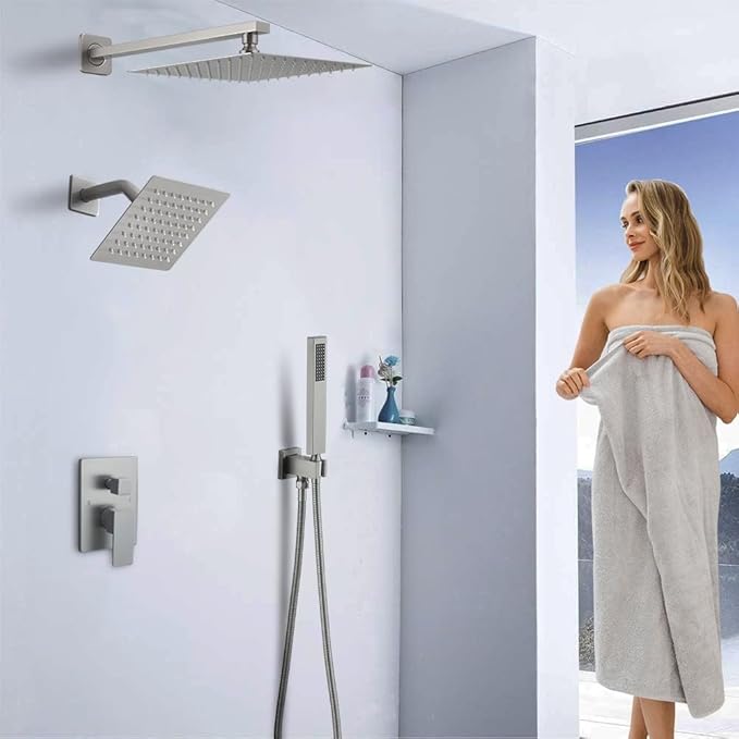 Shower Faucet Set Brushed Nickel Shower System, Knob Switch Diverter Shower Faucet with High Pressure Handheld Spray, Wall Mount 10 Inch Shower Head with 6 Inch Wall Mount Shower Head