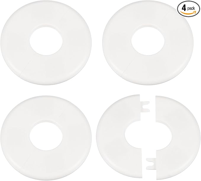 HARFINGTON 4pcs Wall Split Flange 33.5mm/1.3" Self-Adhesive Plumbing Cover Plates ABS Plastic Round Escutcheon Plate Buckle Design for Water Pipe Bathroom Kitchen Decoration, White
